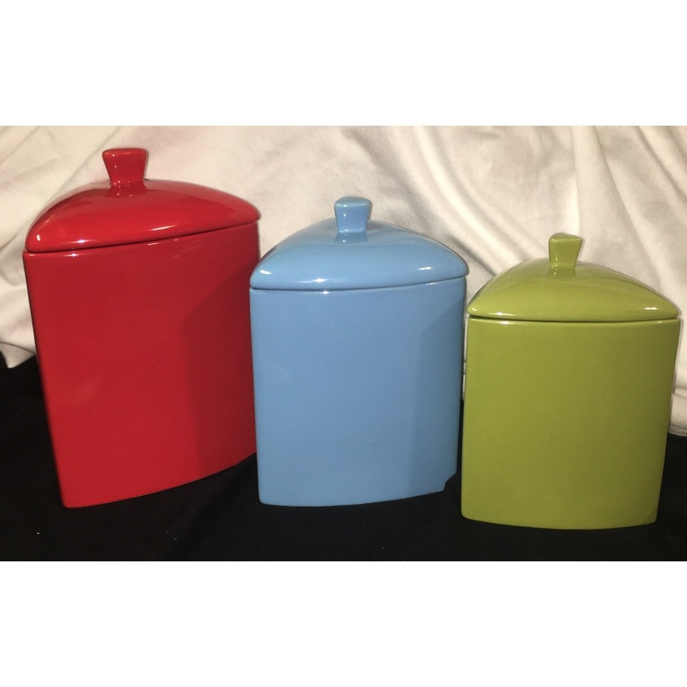 Oneida VTG MCM Buffalo China Triangle Canister Set of 3 Red Blue Green EUC Rare